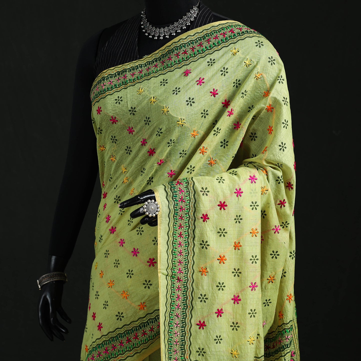 Green - Bengal Kantha Hand Embroidery Silk Cotton Chapa Work Saree 31