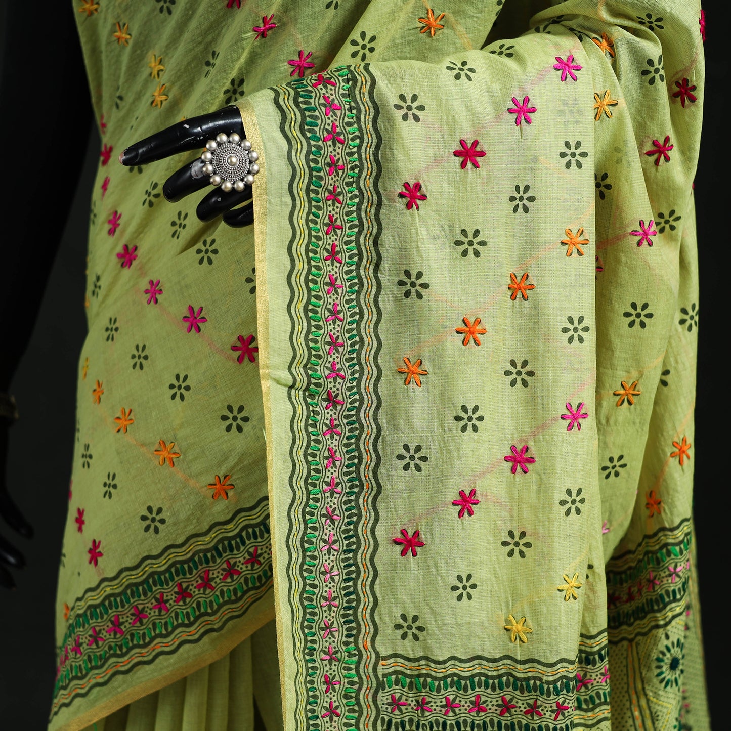 Green - Bengal Kantha Hand Embroidery Silk Cotton Chapa Work Saree 31