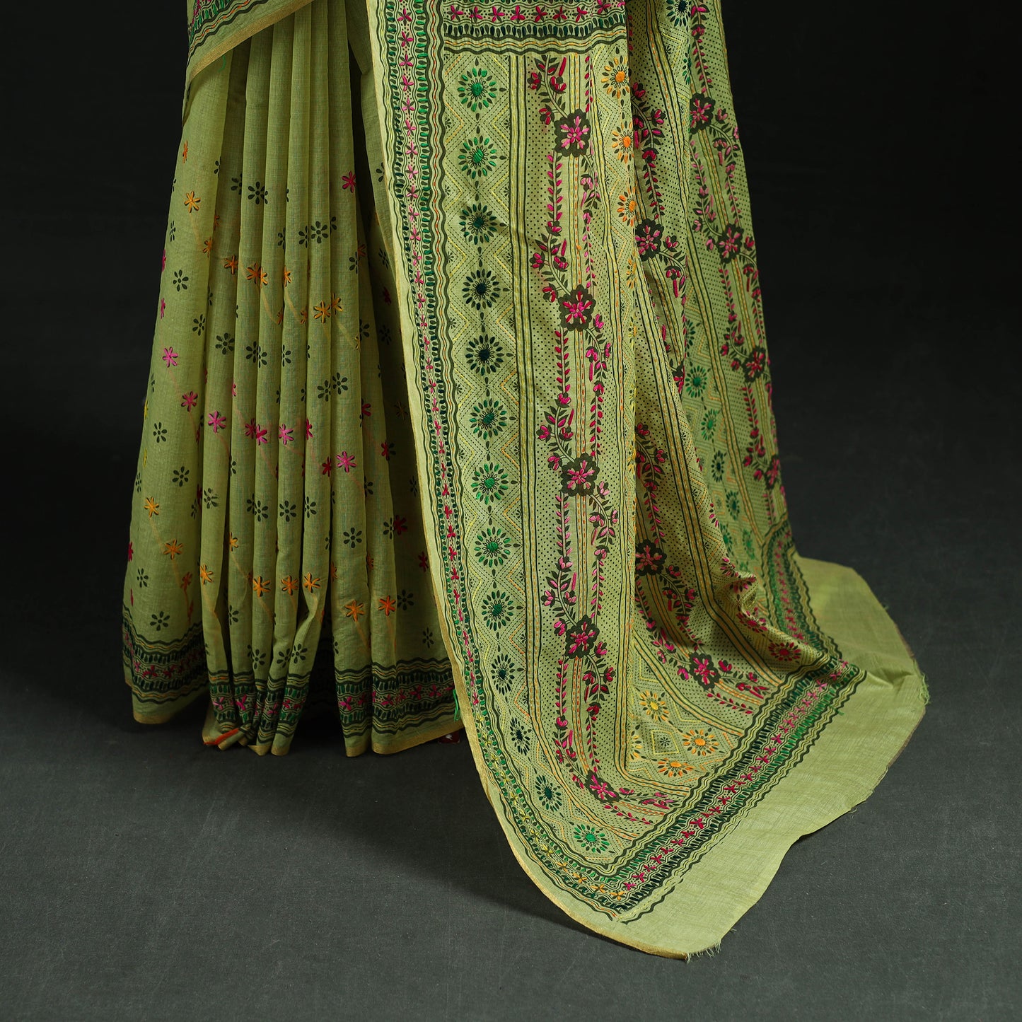 Green - Bengal Kantha Hand Embroidery Silk Cotton Chapa Work Saree 31