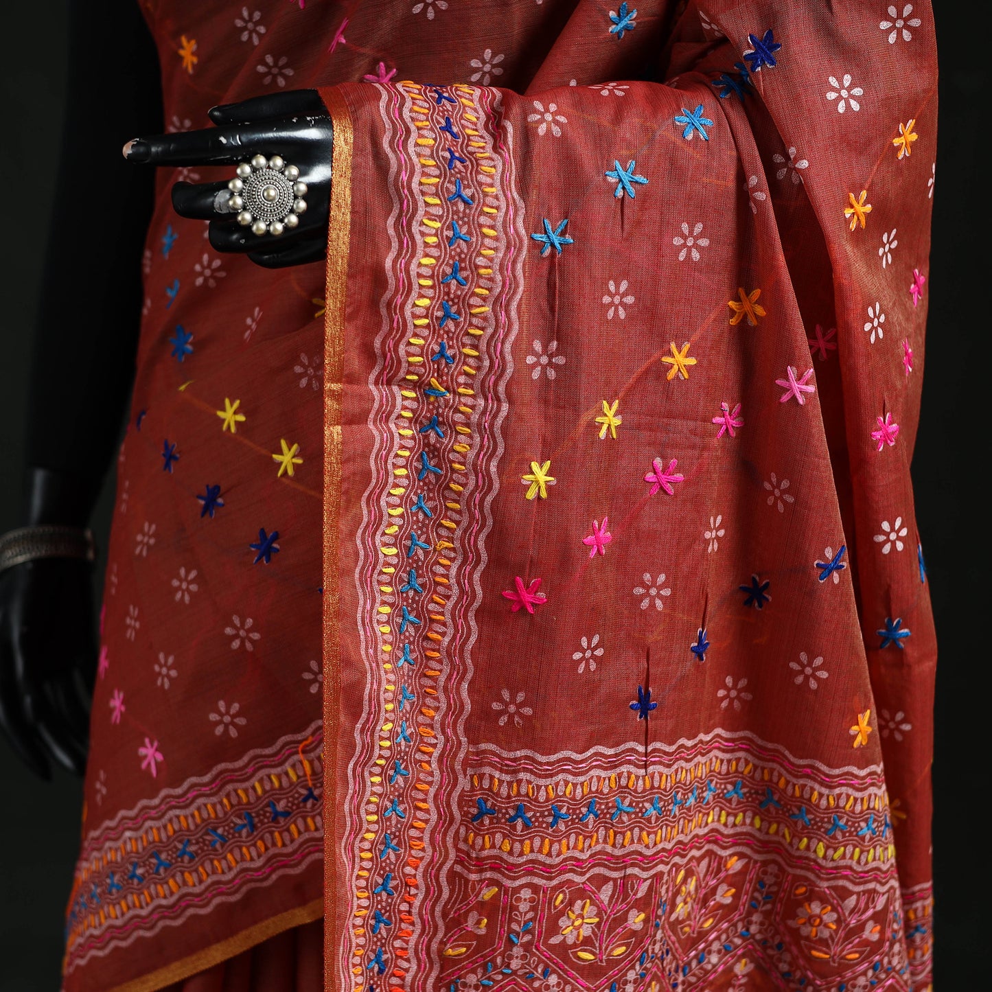 Red - Bengal Kantha Hand Embroidery Silk Cotton Chapa Work Saree 34