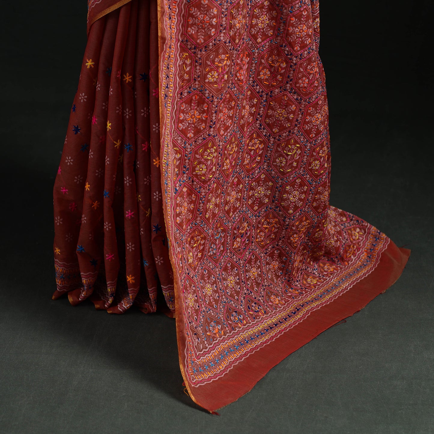 Red - Bengal Kantha Hand Embroidery Silk Cotton Chapa Work Saree 34
