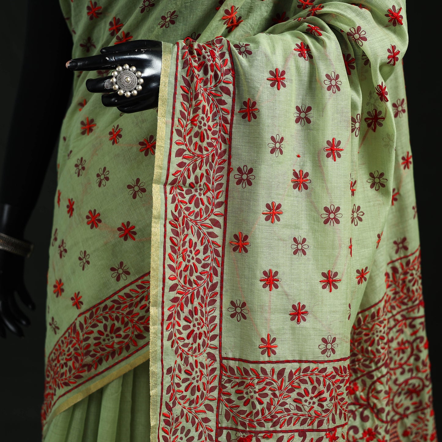 Bengal Kantha Hand Embroidery Silk Cotton Chapa Work Saree 35