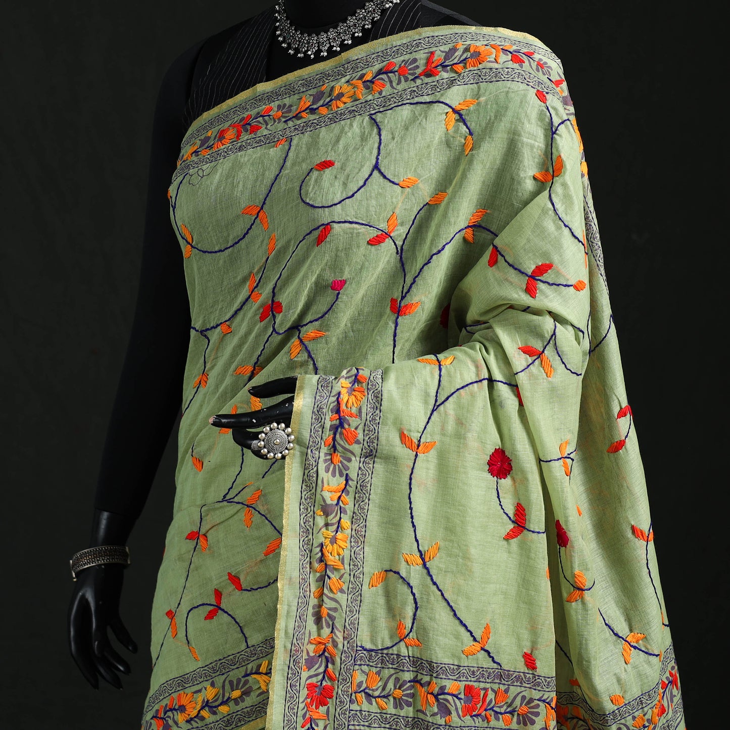 Green - Bengal Kantha Hand Embroidery Silk Cotton Chapa Work Saree 37