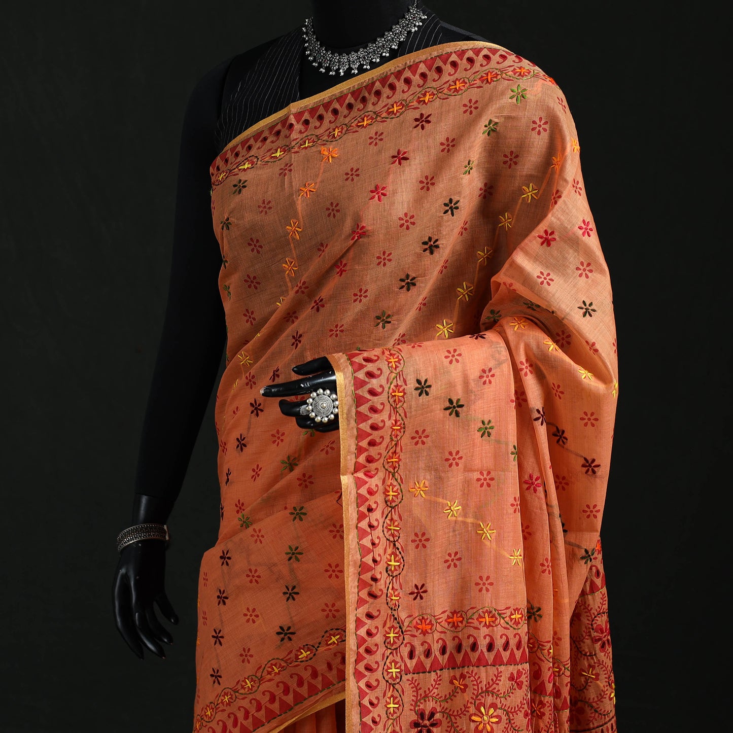 Orange - Bengal Kantha Hand Embroidery Silk Cotton Chapa Work Saree 38