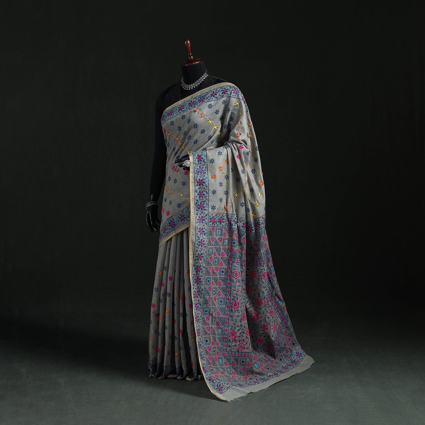 Bengal Kantha Hand Embroidery Silk Cotton Chapa Work Saree 40