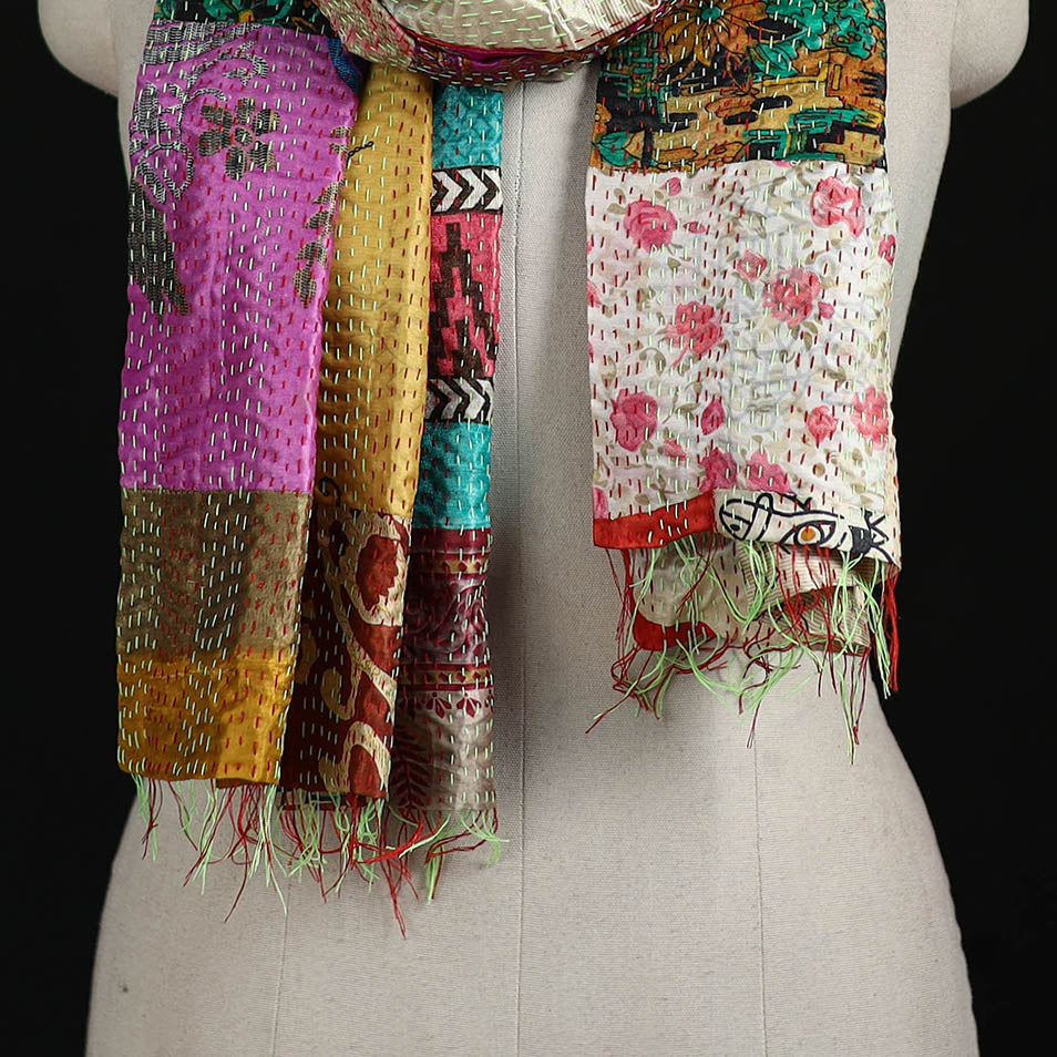 Bengal Kantha Handwork Patchwork Reversible Silk Stole 88