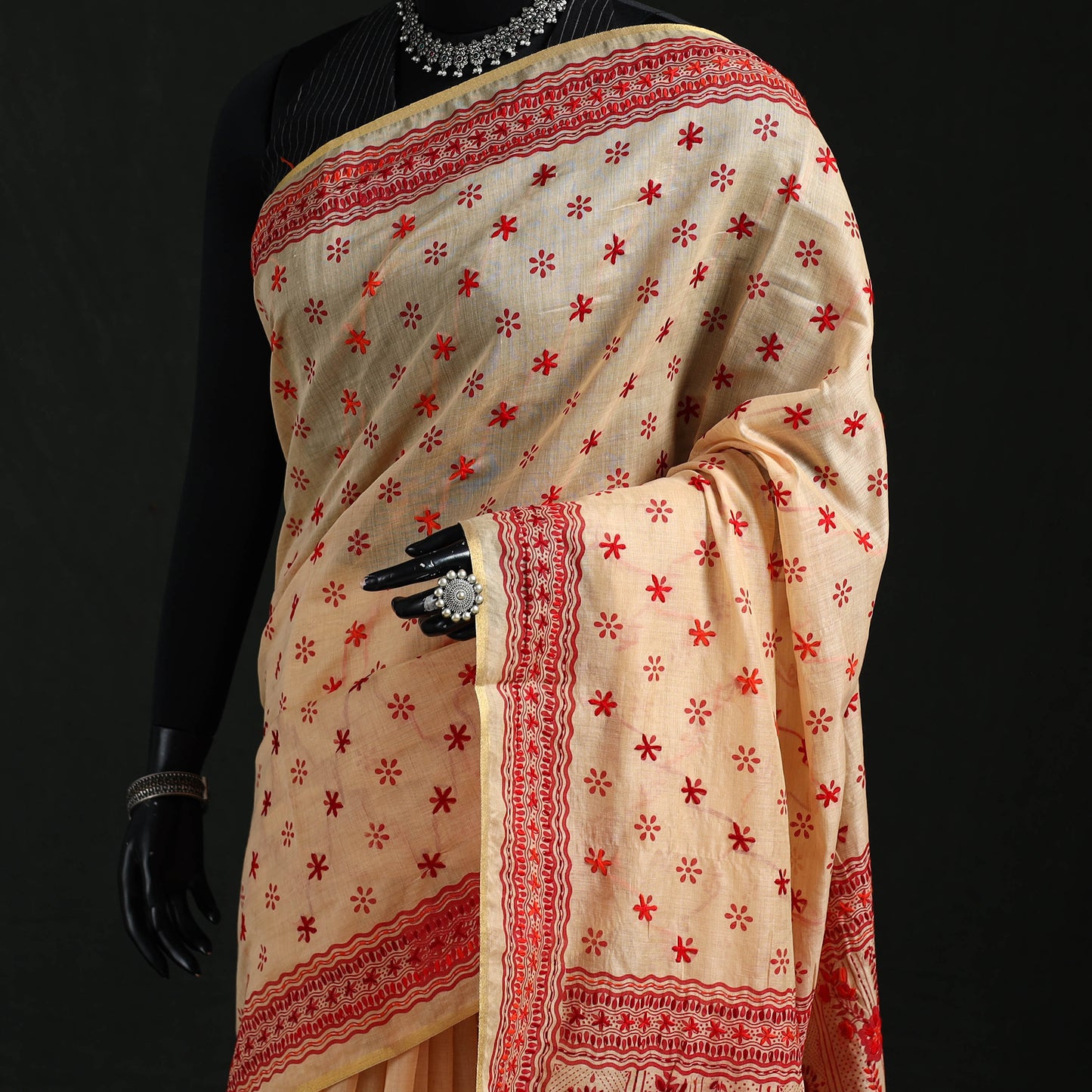 Beige - Bengal Kantha Hand Embroidery Silk Cotton Chapa Work Saree 41