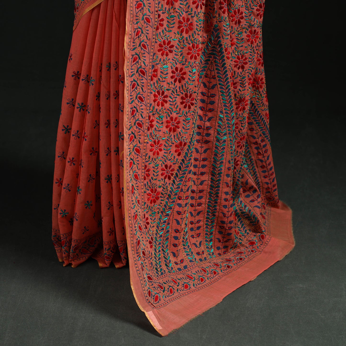 Peach - Bengal Kantha Hand Embroidery Silk Cotton Chapa Work Saree 42