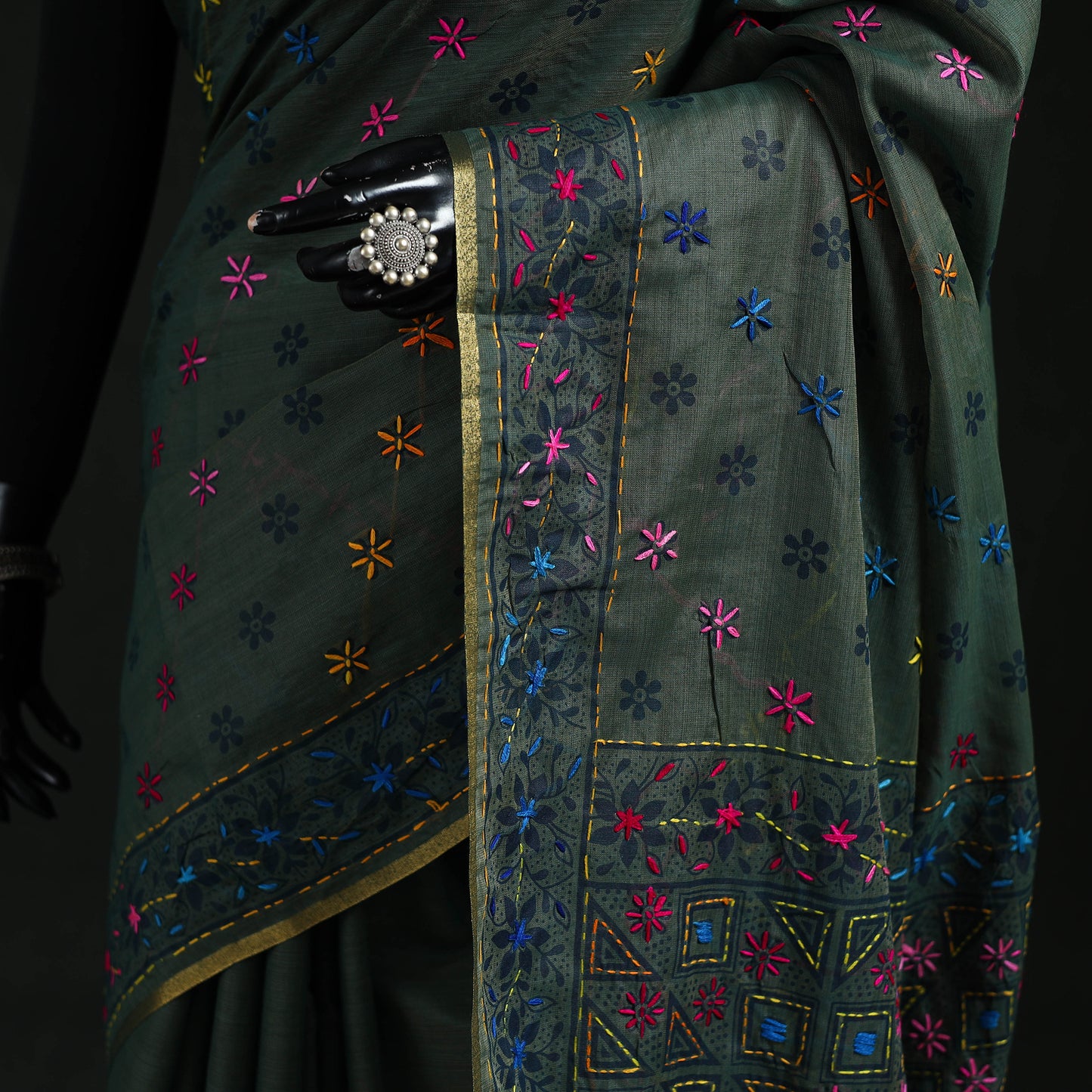 Bengal Kantha Hand Embroidery Silk Cotton Chapa Work Saree 46