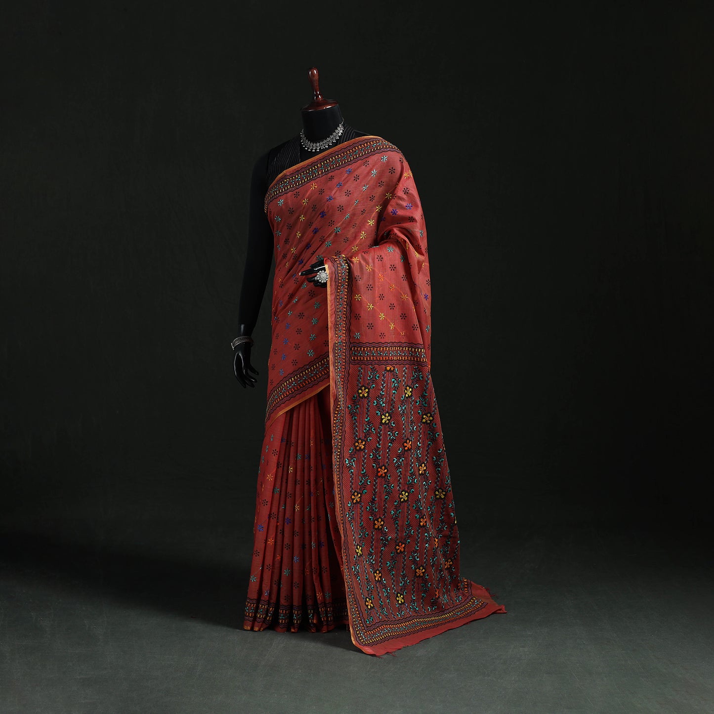 Maroon - Bengal Kantha Hand Embroidery Silk Cotton Chapa Work Saree 47