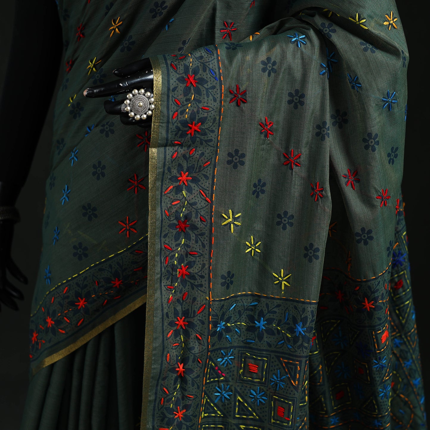 Black - Bengal Kantha Hand Embroidery Silk Cotton Chapa Work Saree 49