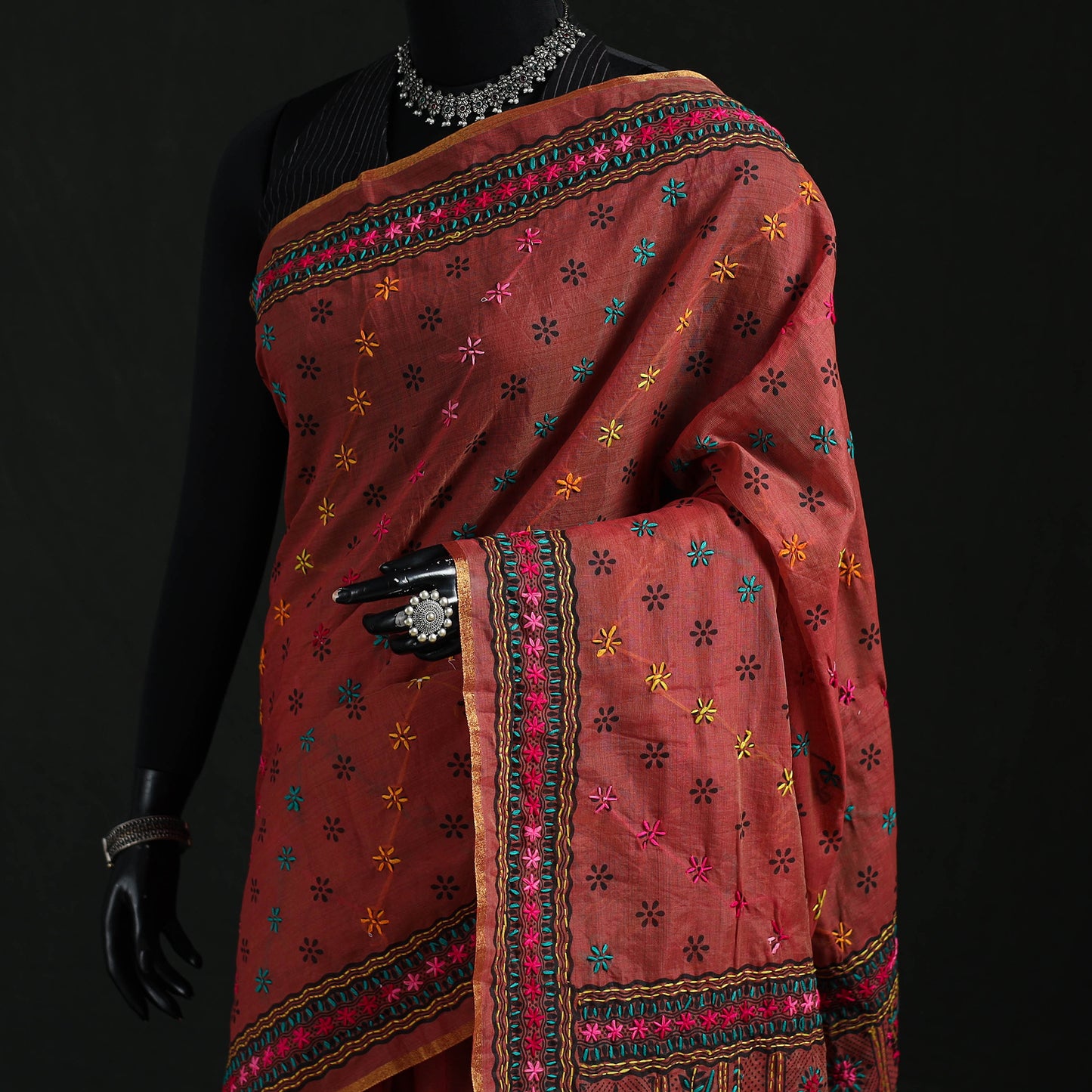 Bengal Kantha Hand Embroidery Silk Cotton Chapa Work Saree 50