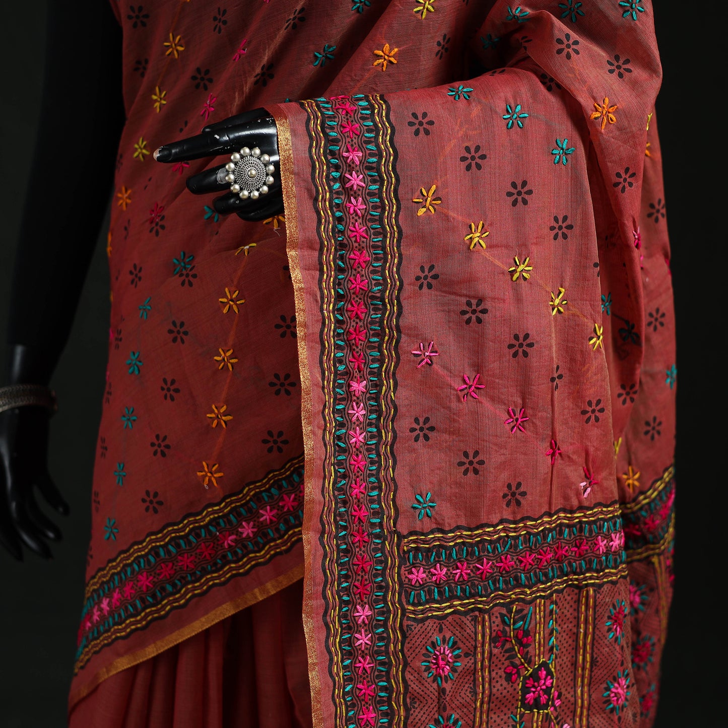 Bengal Kantha Hand Embroidery Silk Cotton Chapa Work Saree 50