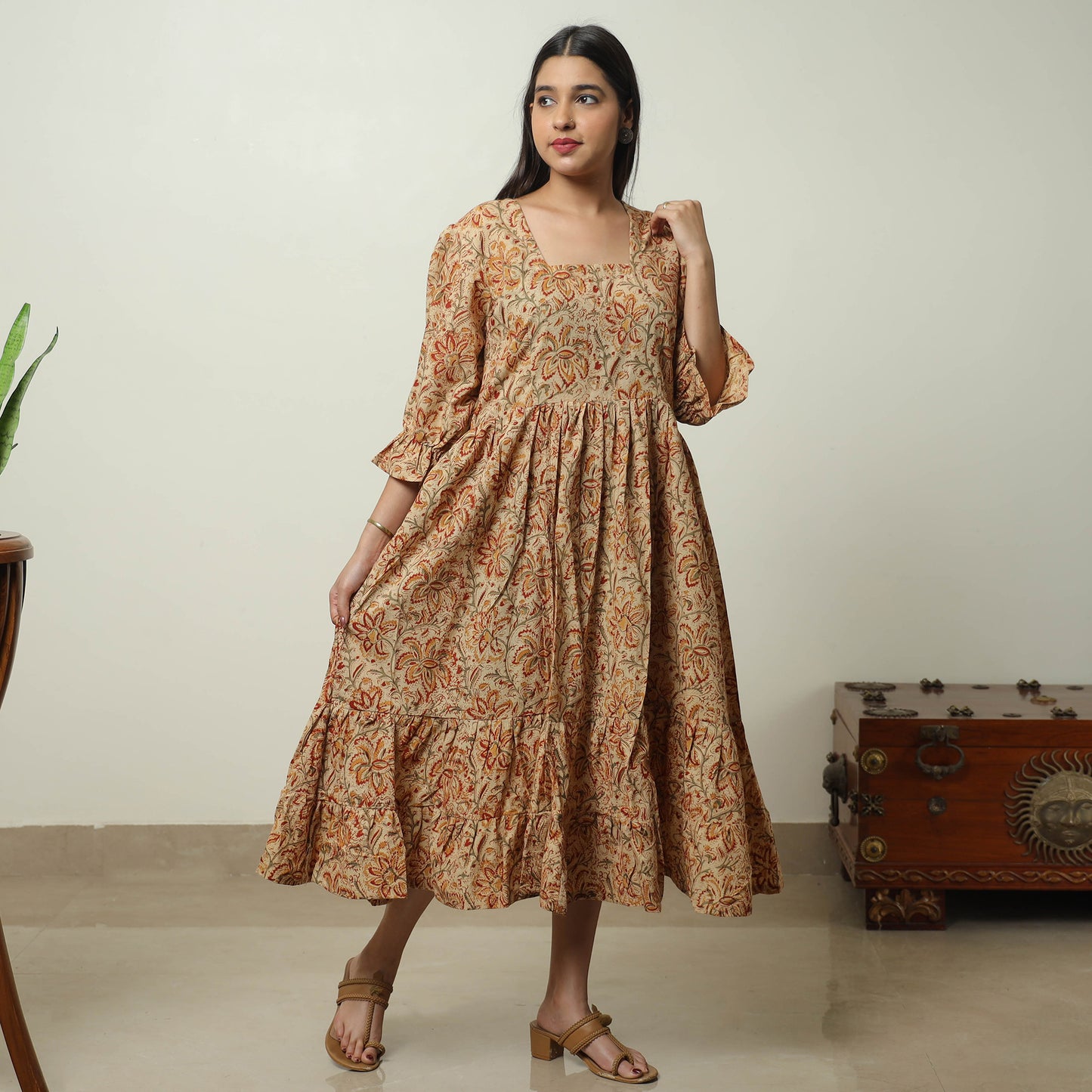 Buy Kalamkari Block Printed Cotton Tiered Dress 10 Online at iTokri.com