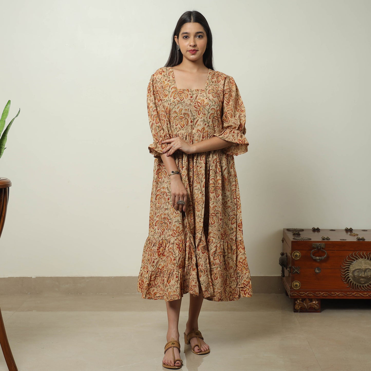 Buy Kalamkari Block Printed Cotton Tiered Dress 10 Online at iTokri.com