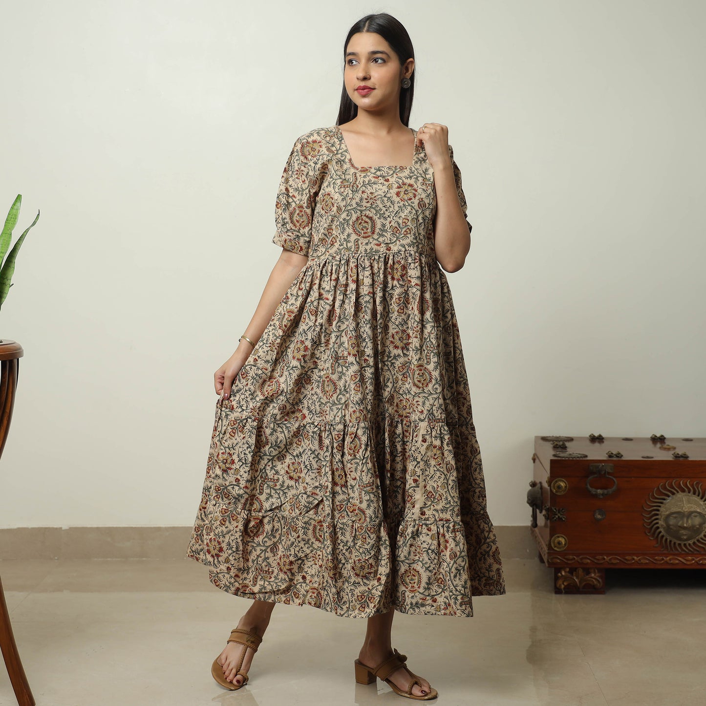 Beige - Pedana Kalamkari Block Printed Cotton Tiered Dress 04