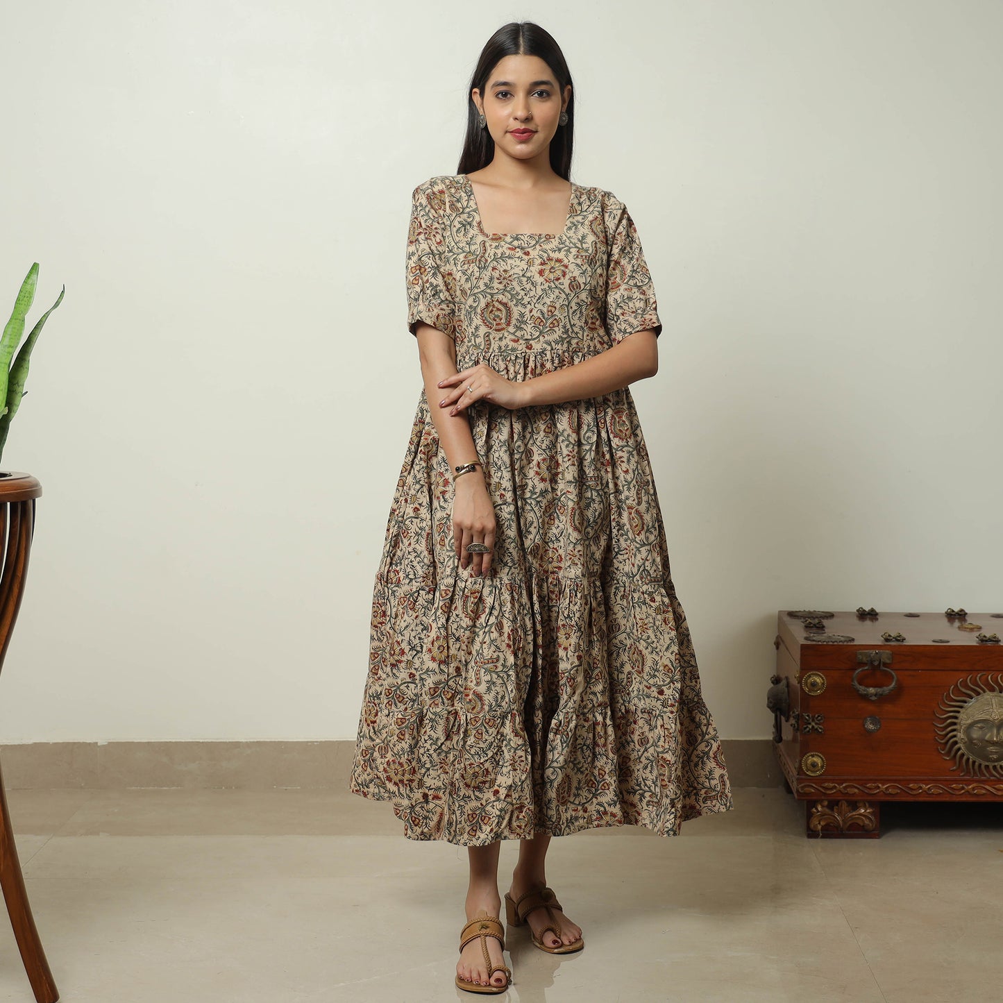 Beige - Pedana Kalamkari Block Printed Cotton Tiered Dress 04