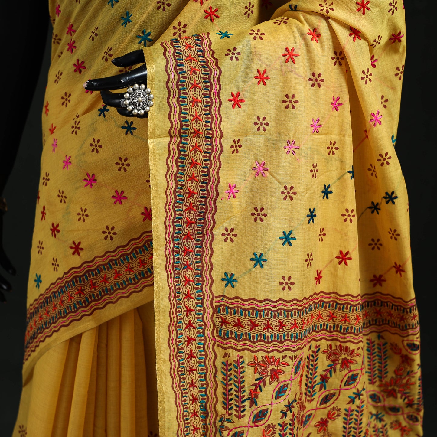 Yellow - Bengal Kantha Hand Embroidery Silk Cotton Chapa Work Saree 52