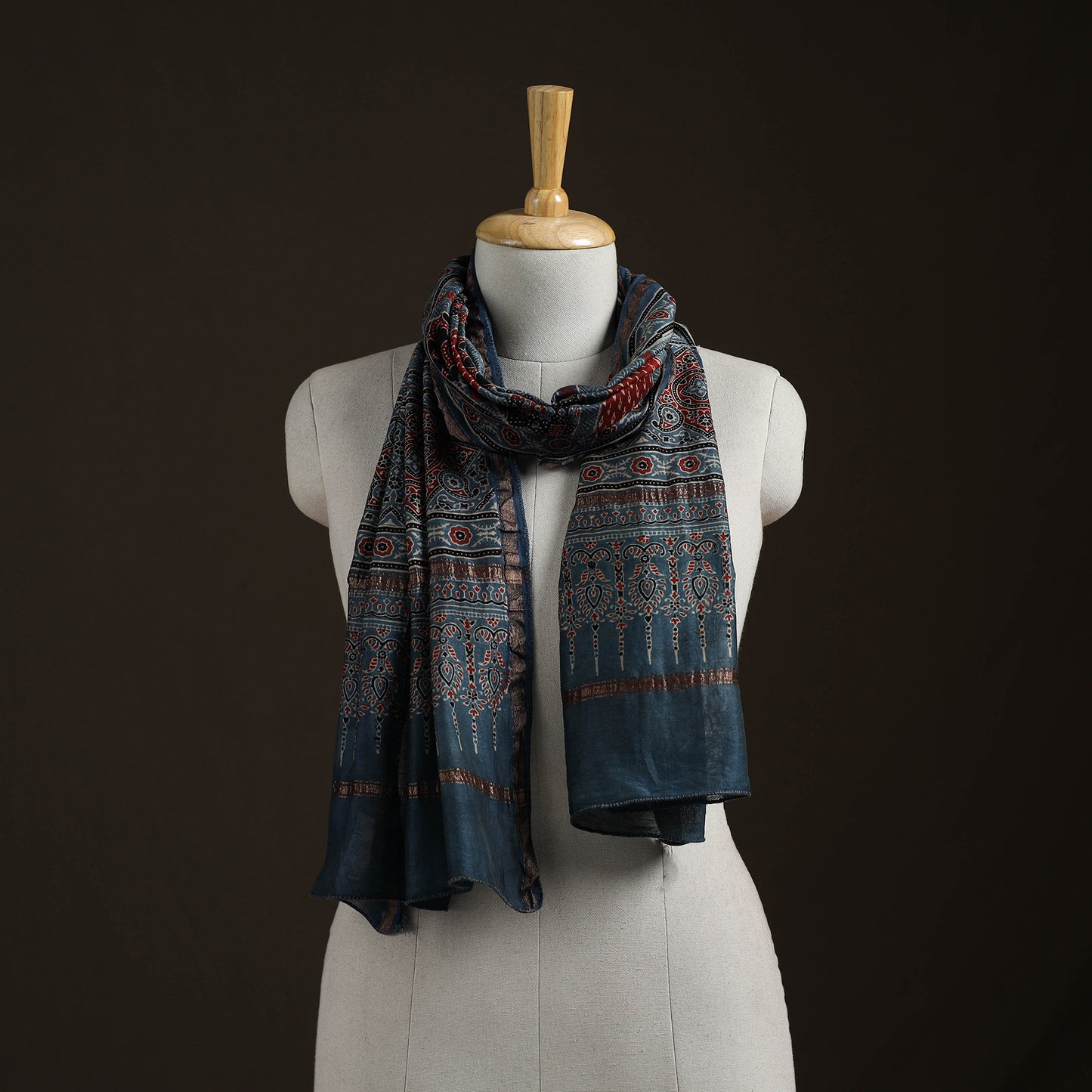 Handloom Chanderi Silk Ajrakh Hand Block Print Natural Dyed Stole 01