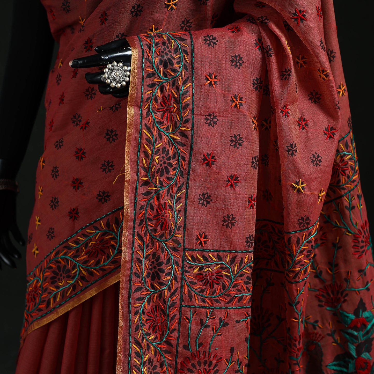 Maroon - Bengal Kantha Hand Embroidery Silk Cotton Chapa Work Saree 53