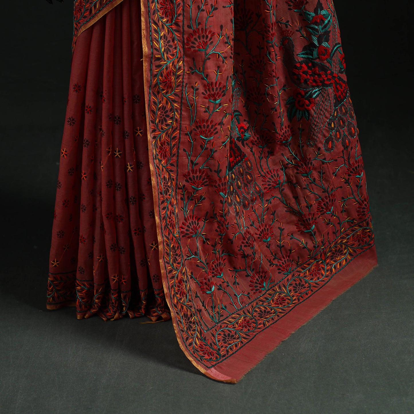 Maroon - Bengal Kantha Hand Embroidery Silk Cotton Chapa Work Saree 53