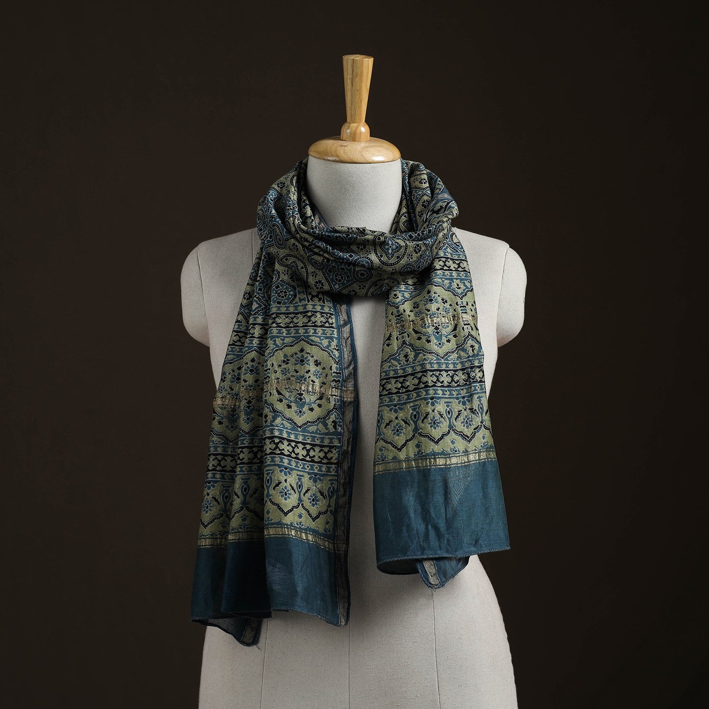 Handloom Chanderi Silk Ajrakh Hand Block Print Natural Dyed Stole 04