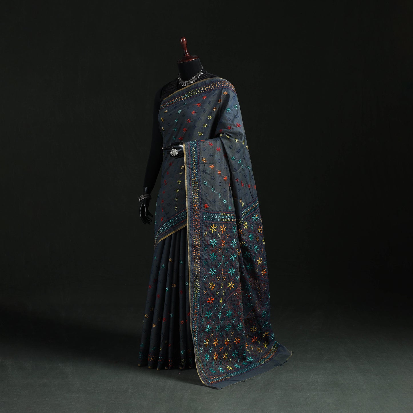 Black - Bengal Kantha Hand Embroidery Silk Cotton Chapa Work Saree 55