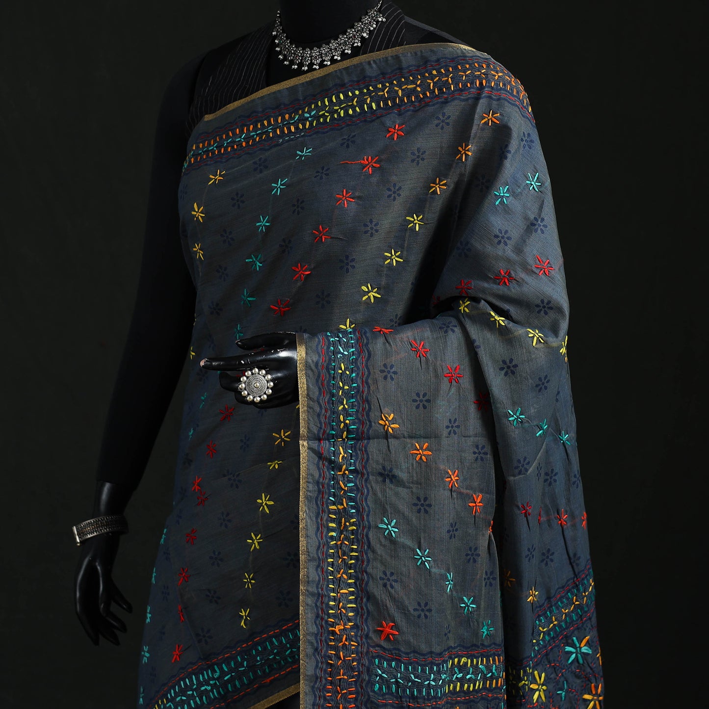 Black - Bengal Kantha Hand Embroidery Silk Cotton Chapa Work Saree 55