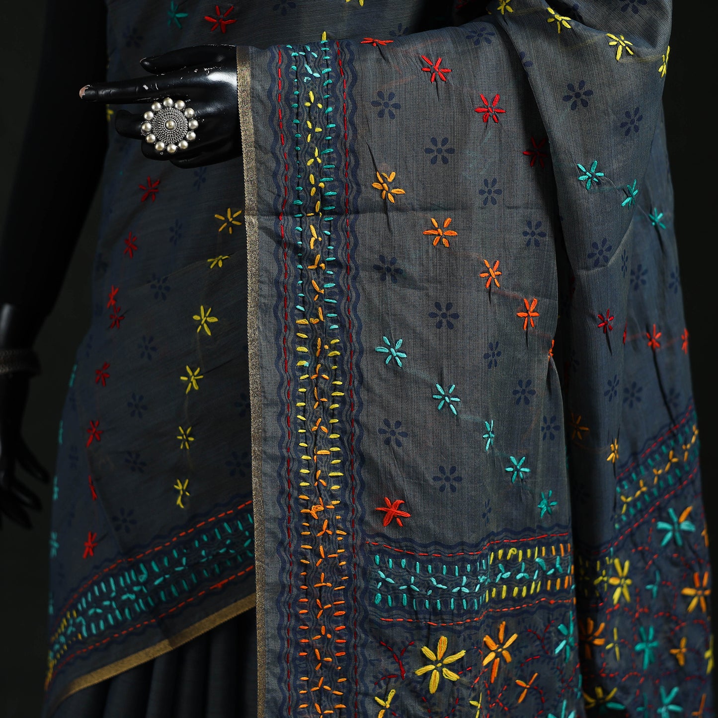 Black - Bengal Kantha Hand Embroidery Silk Cotton Chapa Work Saree 55