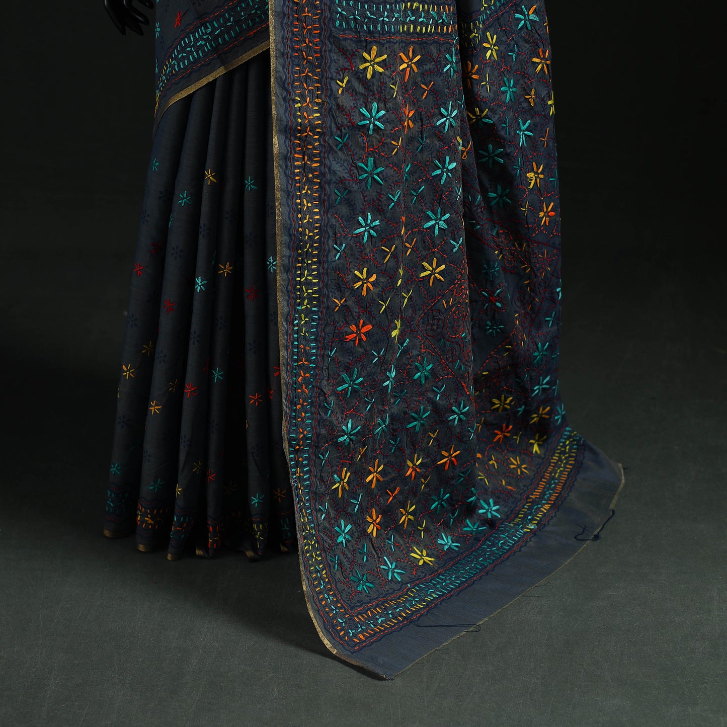 Black - Bengal Kantha Hand Embroidery Silk Cotton Chapa Work Saree 55