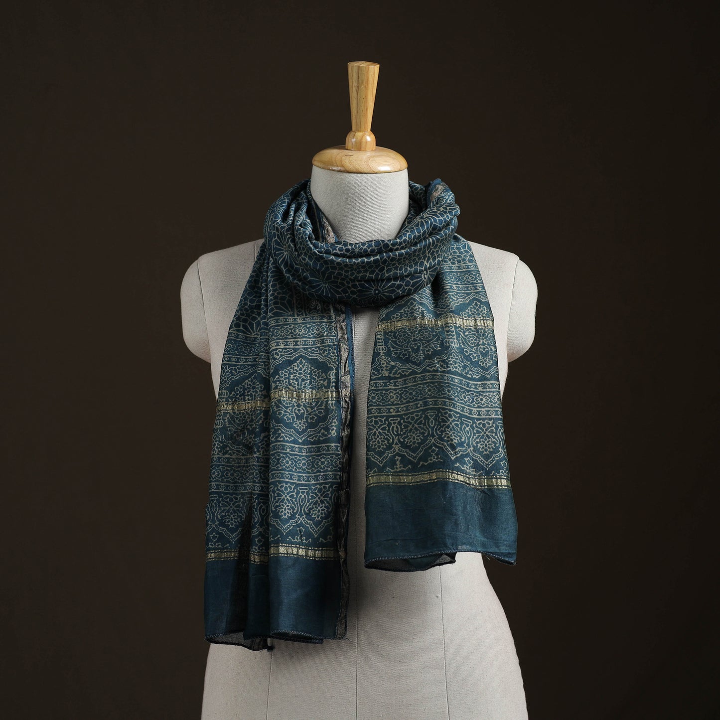 Handloom Chanderi Silk Ajrakh Hand Block Print Natural Dyed Stole 06