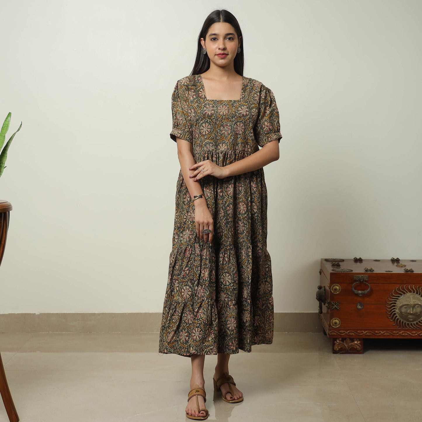 Brown - Kalamkari Block Printed Cotton Tiered Dress 11