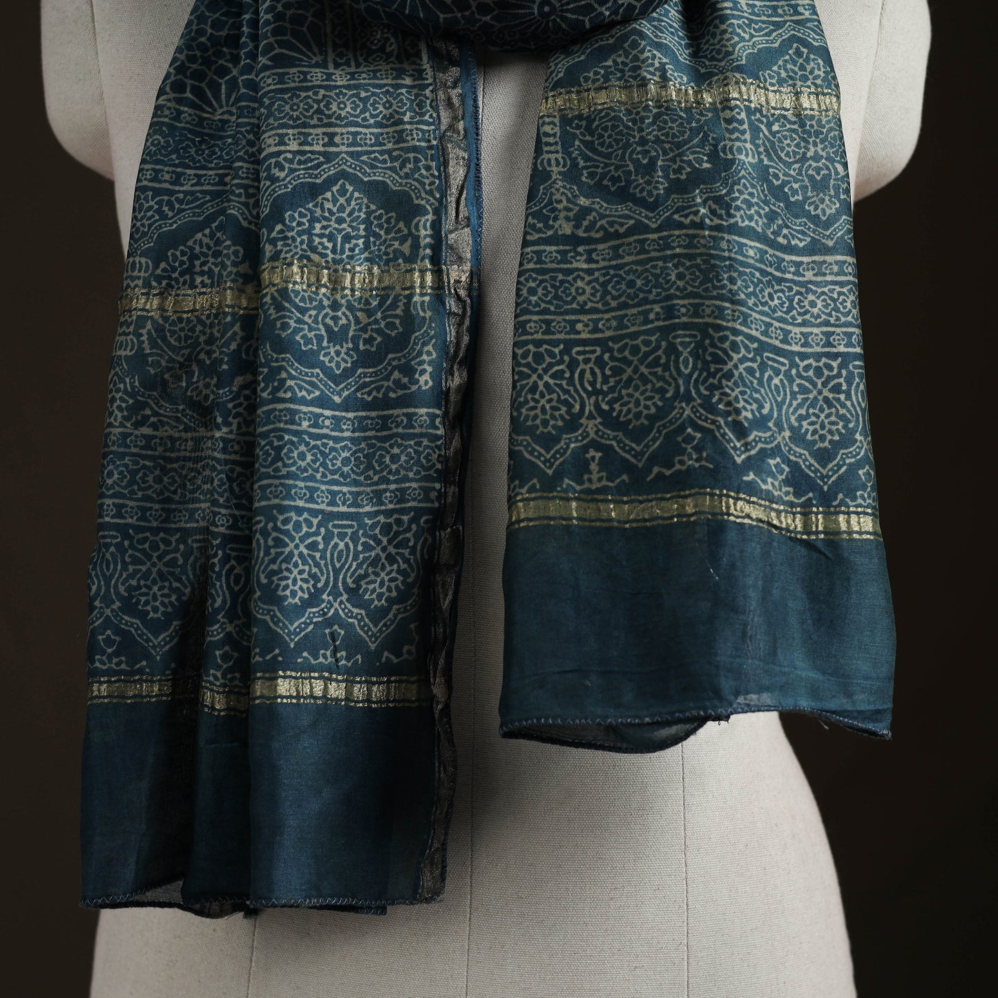Handloom Chanderi Silk Ajrakh Hand Block Print Natural Dyed Stole 06