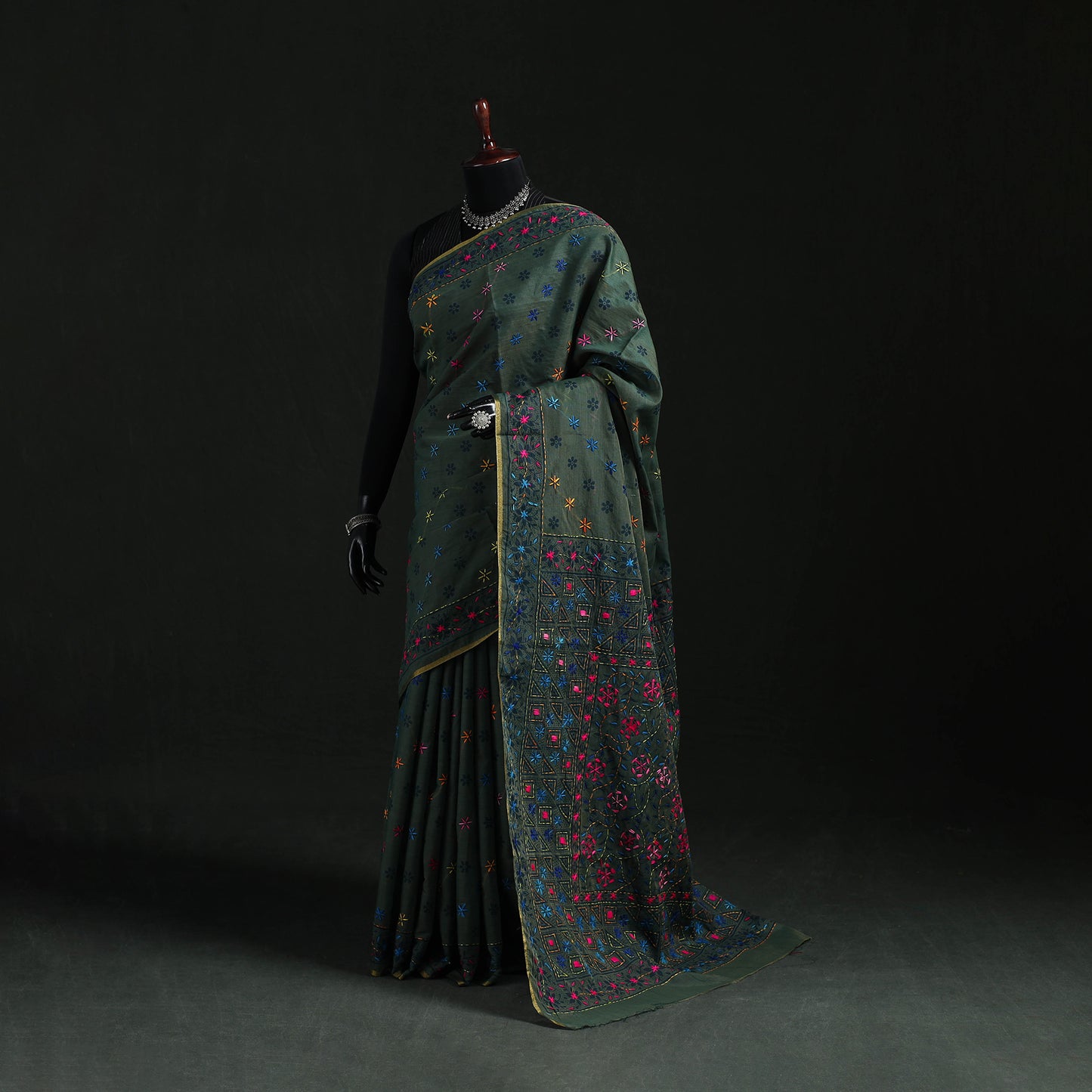 Green - Bengal Kantha Hand Embroidery Silk Cotton Chapa Work Saree 57