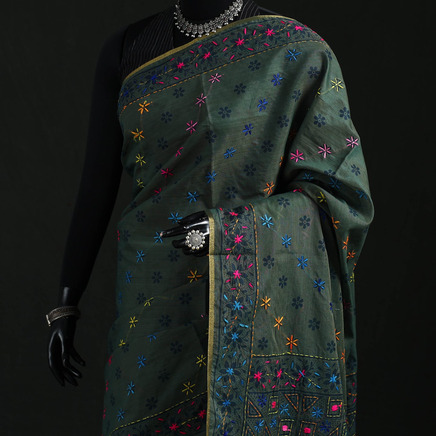 Green - Bengal Kantha Hand Embroidery Silk Cotton Chapa Work Saree 57