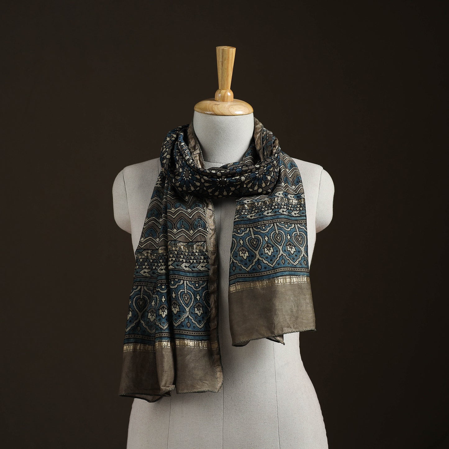 Handloom Chanderi Silk Ajrakh Hand Block Print Natural Dyed Stole 07