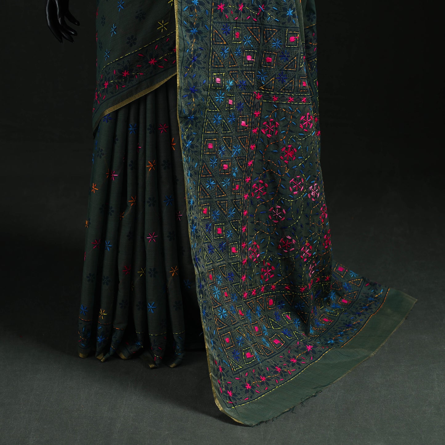 Green - Bengal Kantha Hand Embroidery Silk Cotton Chapa Work Saree 57