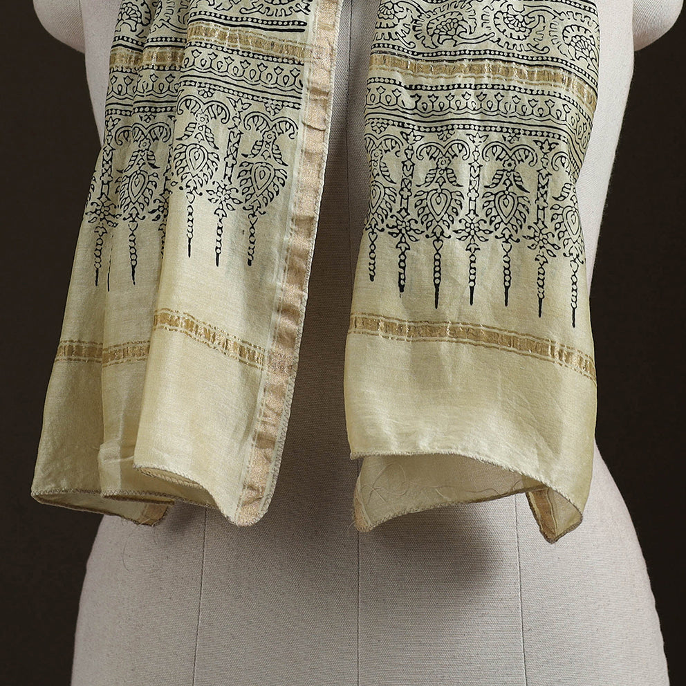 Handloom Chanderi Silk Ajrakh Hand Block Print Natural Dyed Stole 08