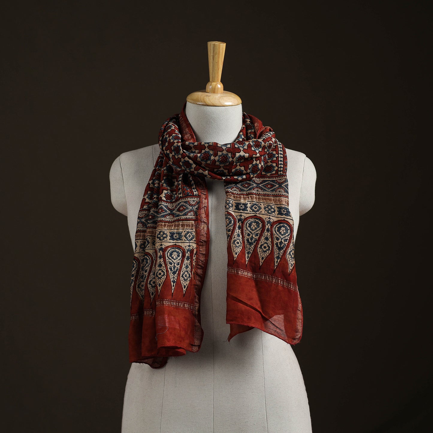 Handloom Chanderi Silk Ajrakh Hand Block Print Natural Dyed Stole 09