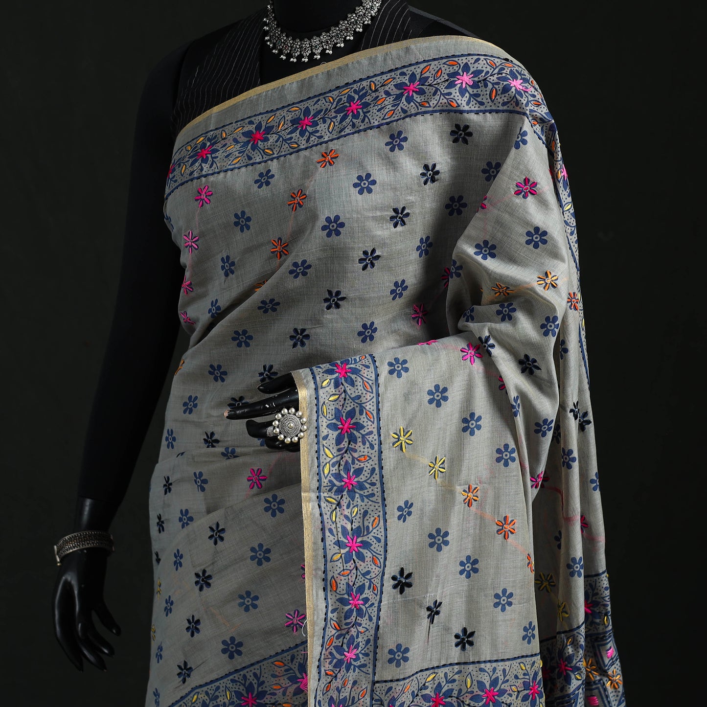 Gray - Bengal Kantha Hand Embroidery Silk Cotton Chapa Work Saree 59