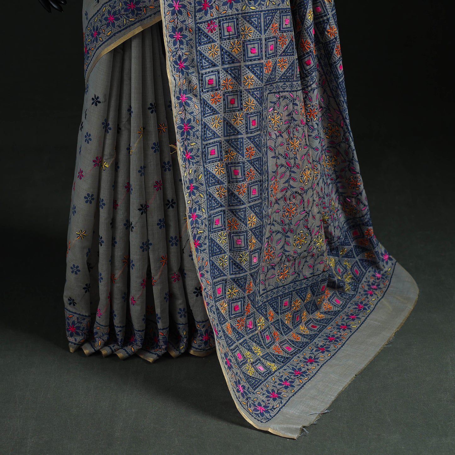 Gray - Bengal Kantha Hand Embroidery Silk Cotton Chapa Work Saree 59