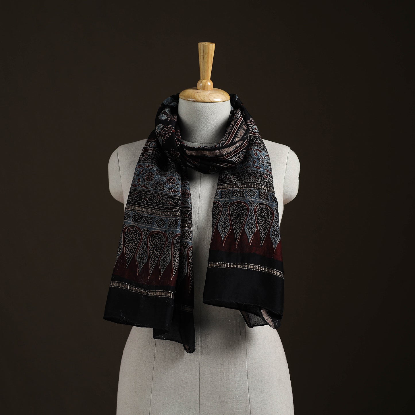 Handloom Chanderi Silk Ajrakh Hand Block Print Natural Dyed Stole 11