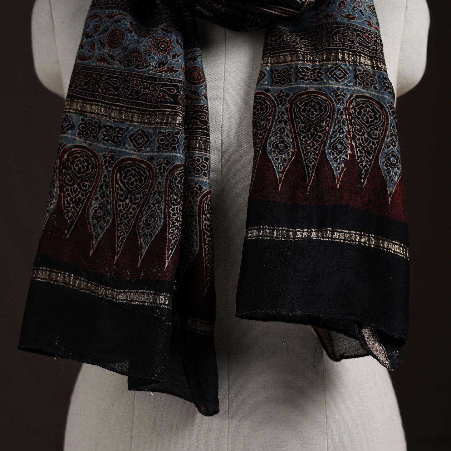 Handloom Chanderi Silk Ajrakh Hand Block Print Natural Dyed Stole 11