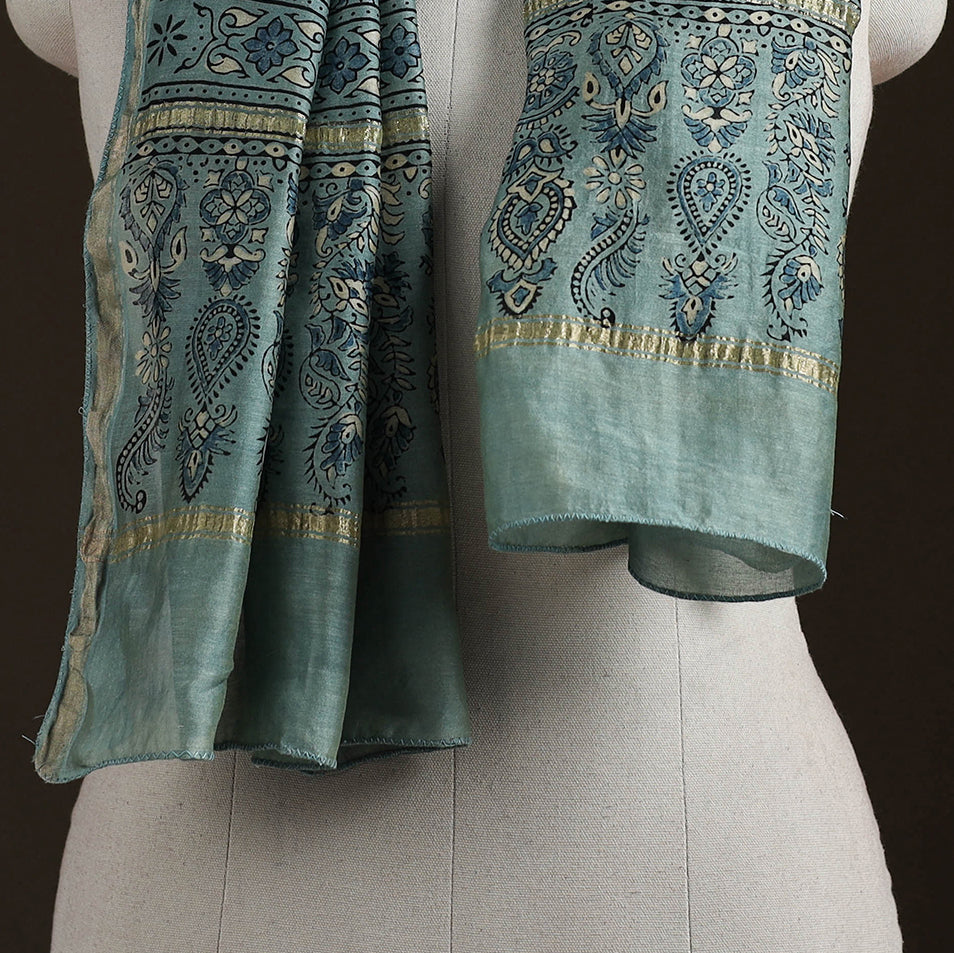 Handloom Chanderi Silk Ajrakh Hand Block Print Natural Dyed Stole 12