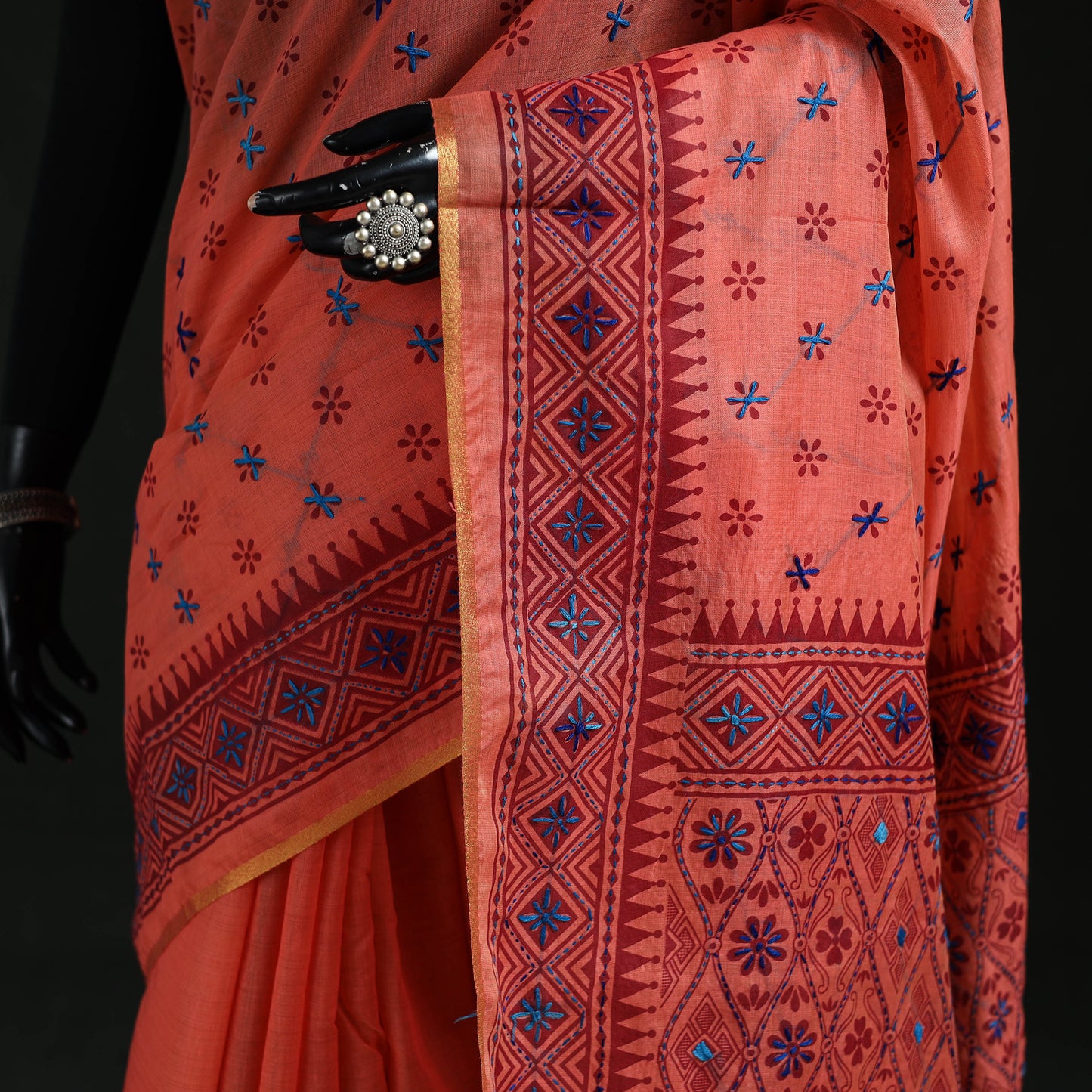 Peach - Bengal Kantha Hand Embroidery Silk Cotton Chapa Work Saree 60