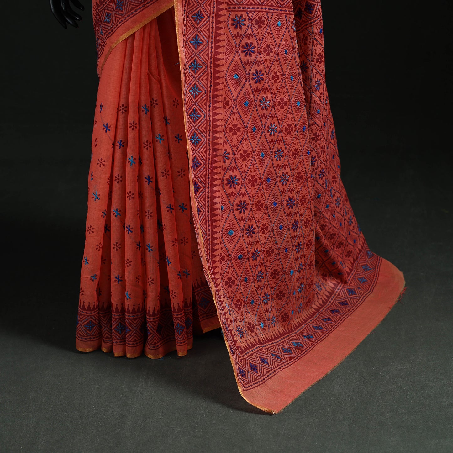 Peach - Bengal Kantha Hand Embroidery Silk Cotton Chapa Work Saree 60