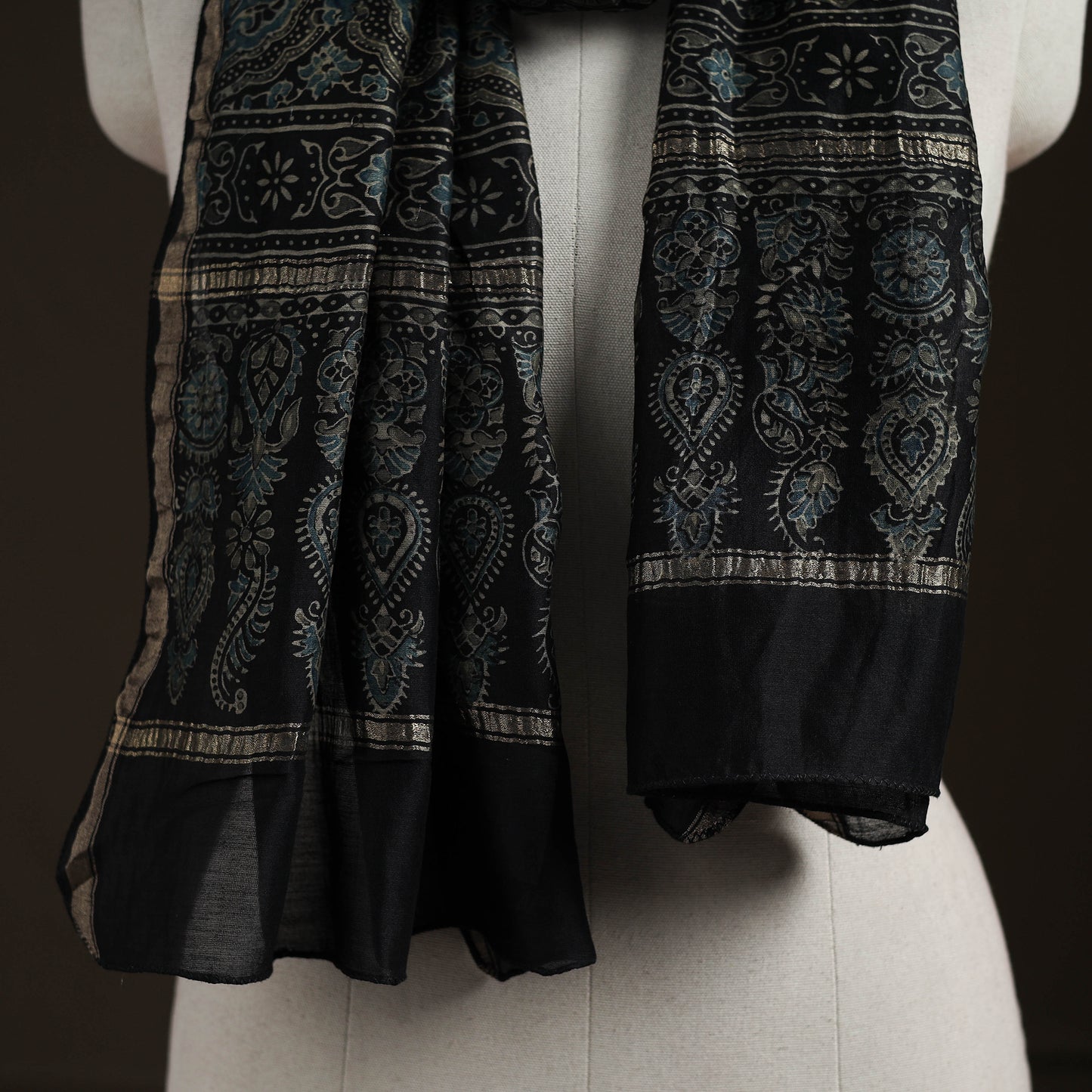 Handloom Chanderi Silk Ajrakh Hand Block Print Natural Dyed Stole 13