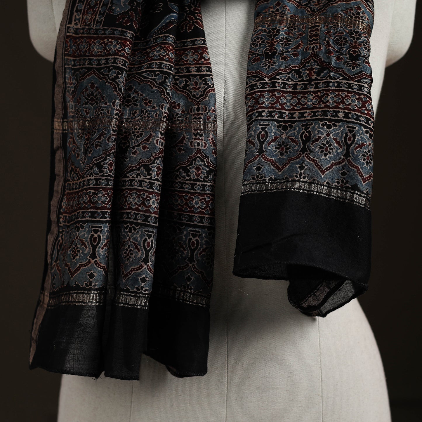 Handloom Chanderi Silk Ajrakh Hand Block Print Natural Dyed Stole 14