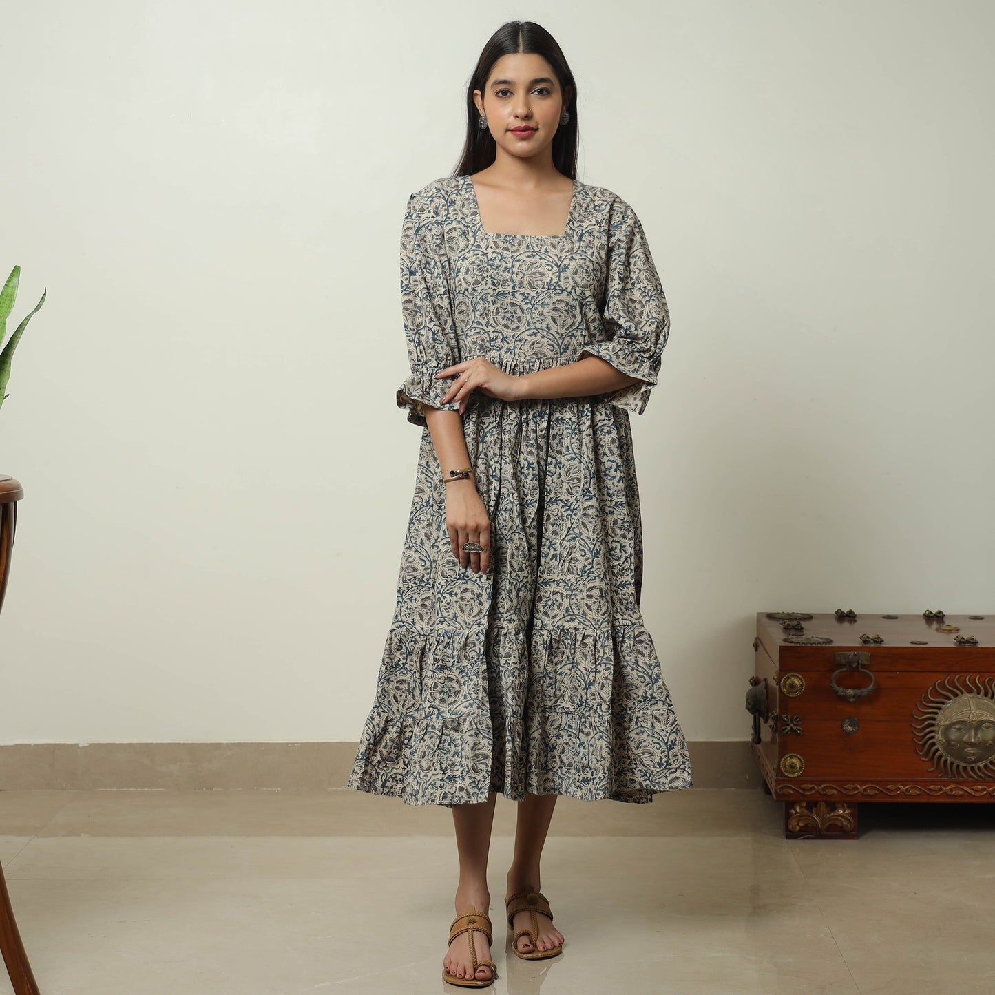 Grey - Pedana Kalamkari Block Printed Cotton Tiered Dress 05