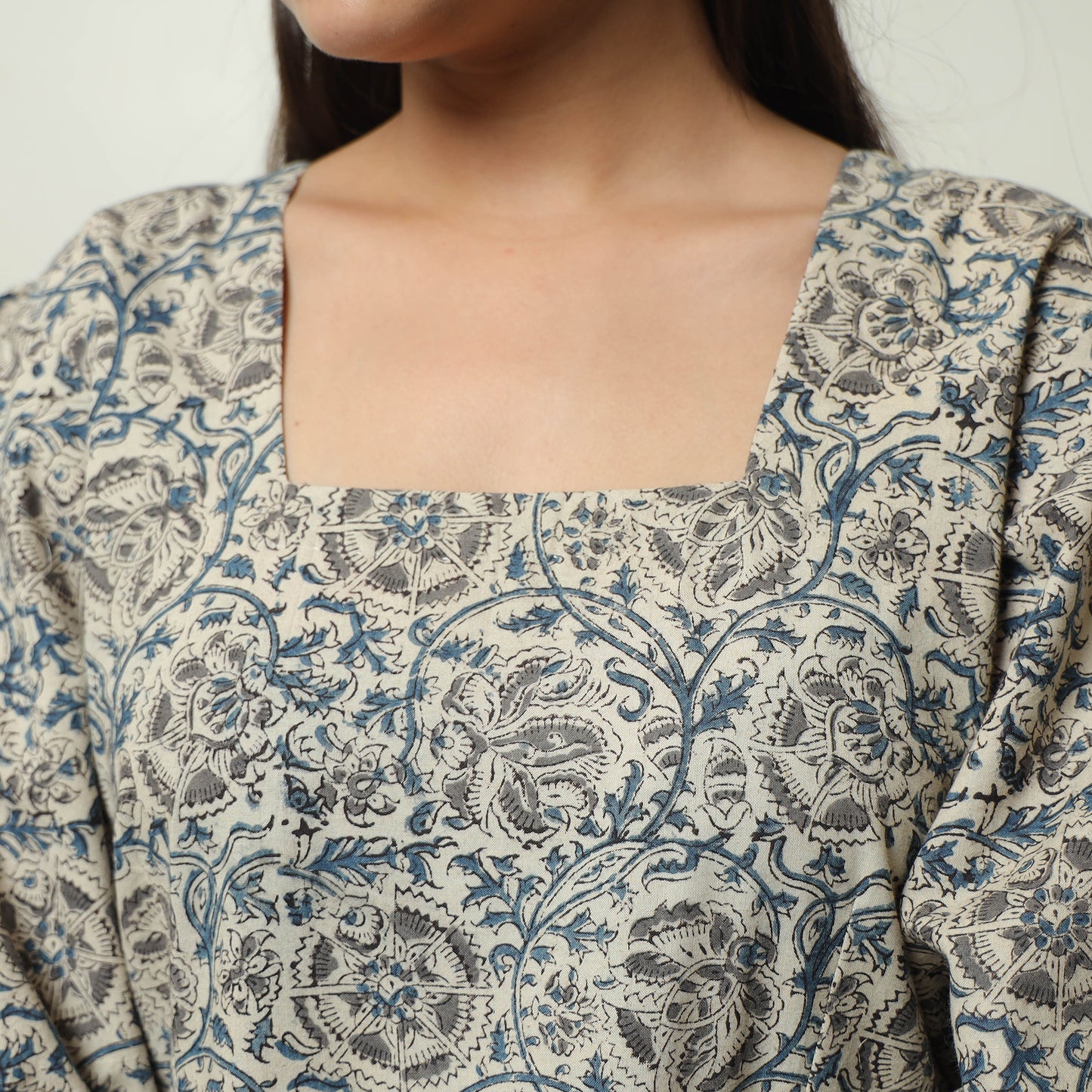Grey - Pedana Kalamkari Block Printed Cotton Tiered Dress 05